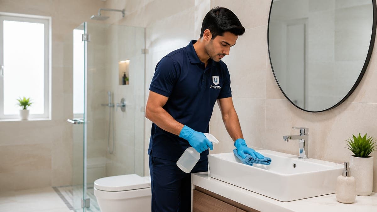 An UrbanWe professional wiping down a bathroom counter and basin