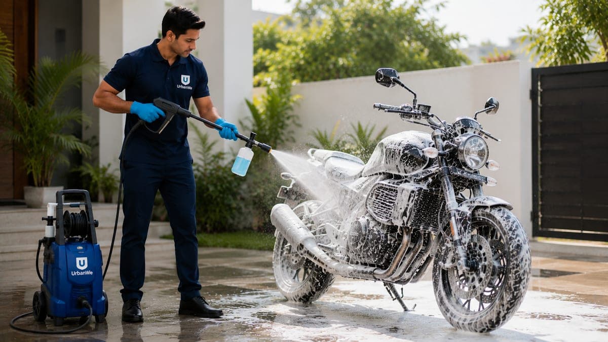 An UrbanWe professional foam-washing a motorcycle at a gate