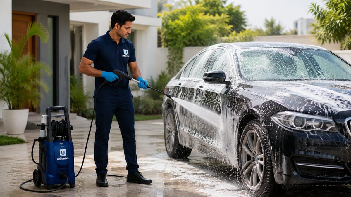 An UrbanWe professional foam-washing a car in a house compound