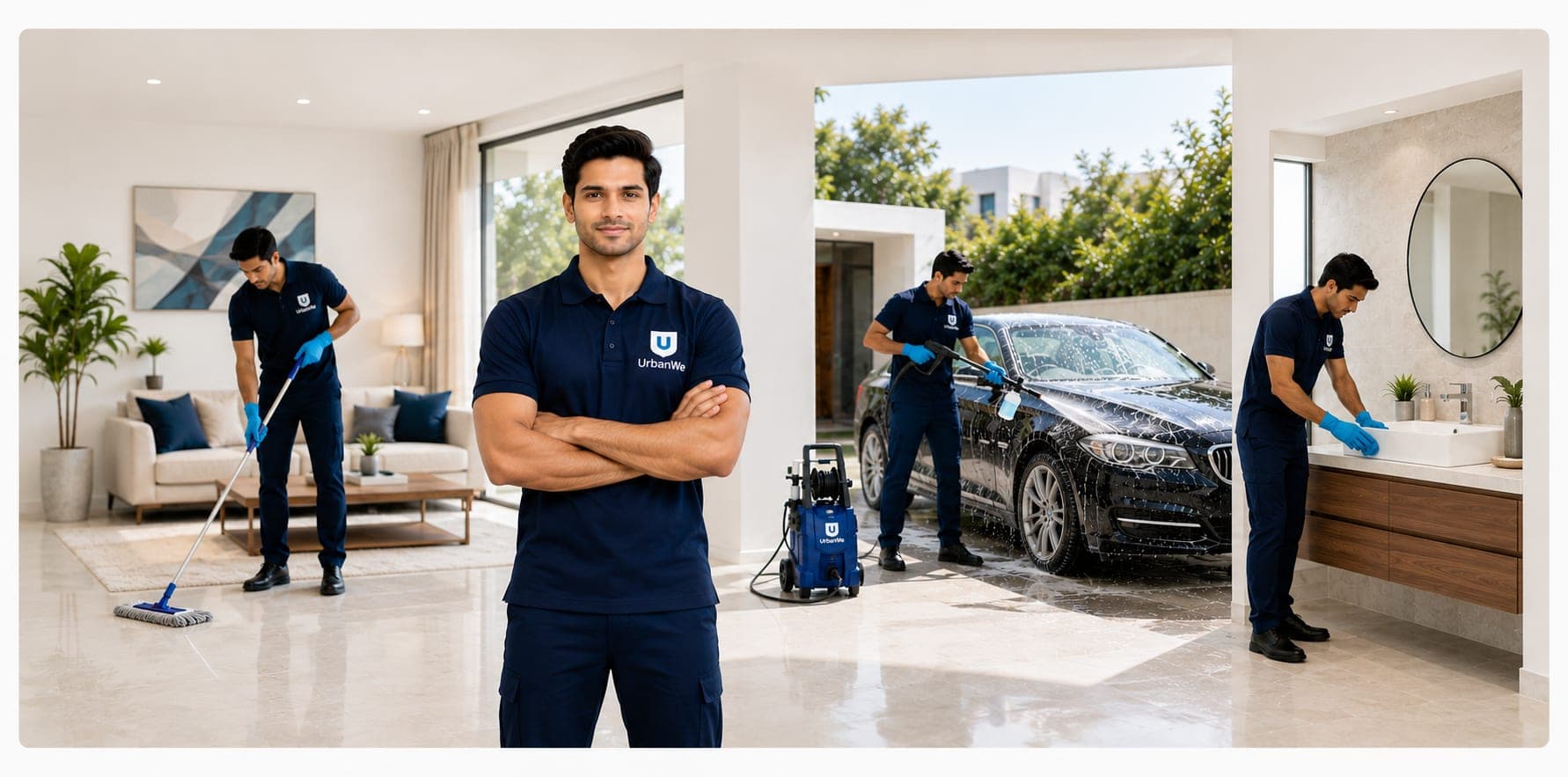 An UrbanWe professional in a navy polo mopping a tiled floor, another washing a car in the compound, and a third wiping a bathroom counter