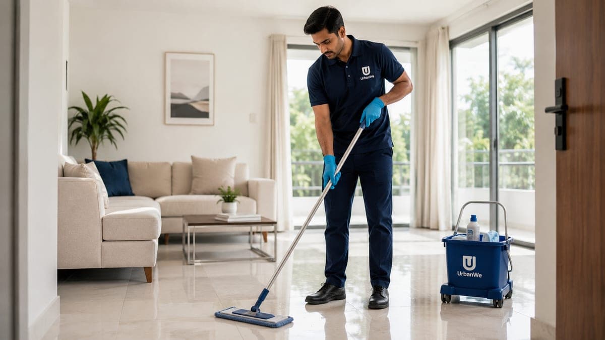 An UrbanWe professional mopping a tiled living-room floor