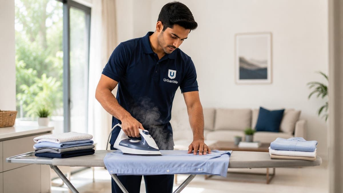 An UrbanWe professional pressing a shirt beside a stack of folded clothes